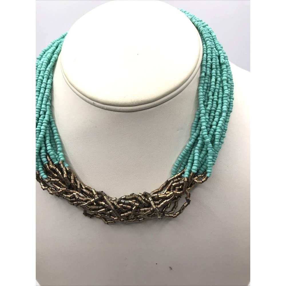 Teal Turquoise Blue Seed Bead Multi Strand and Gold Tone 17"‎ Choker Necklace